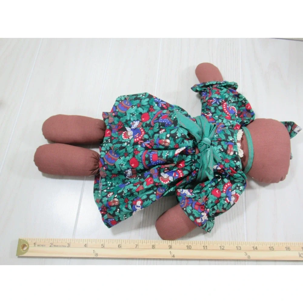 Gingerbread girl‎ plush rag doll green print holly berry dress probably handmade
